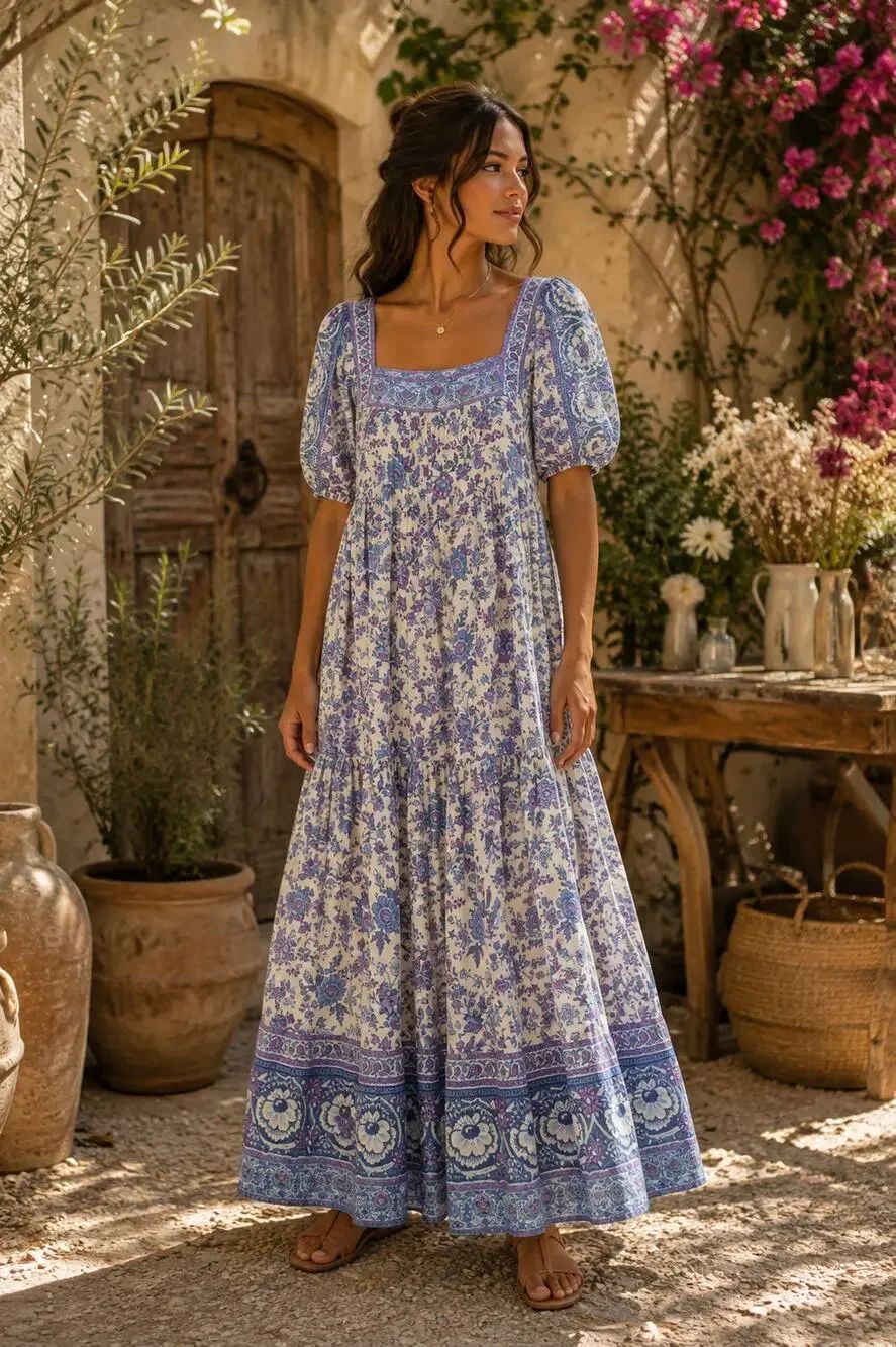 SPELL & The Gypsy Folk Song Square Neck Gown in Sky Boho Maxi Dress